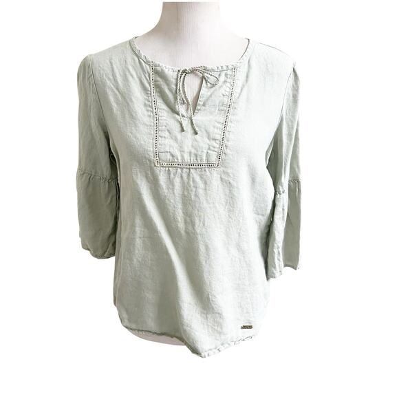 Ellen Tracy 100% Linen Bell Sleeve Blouse Sage Green Size Small Tie Neckline - Picture 1 of 12
